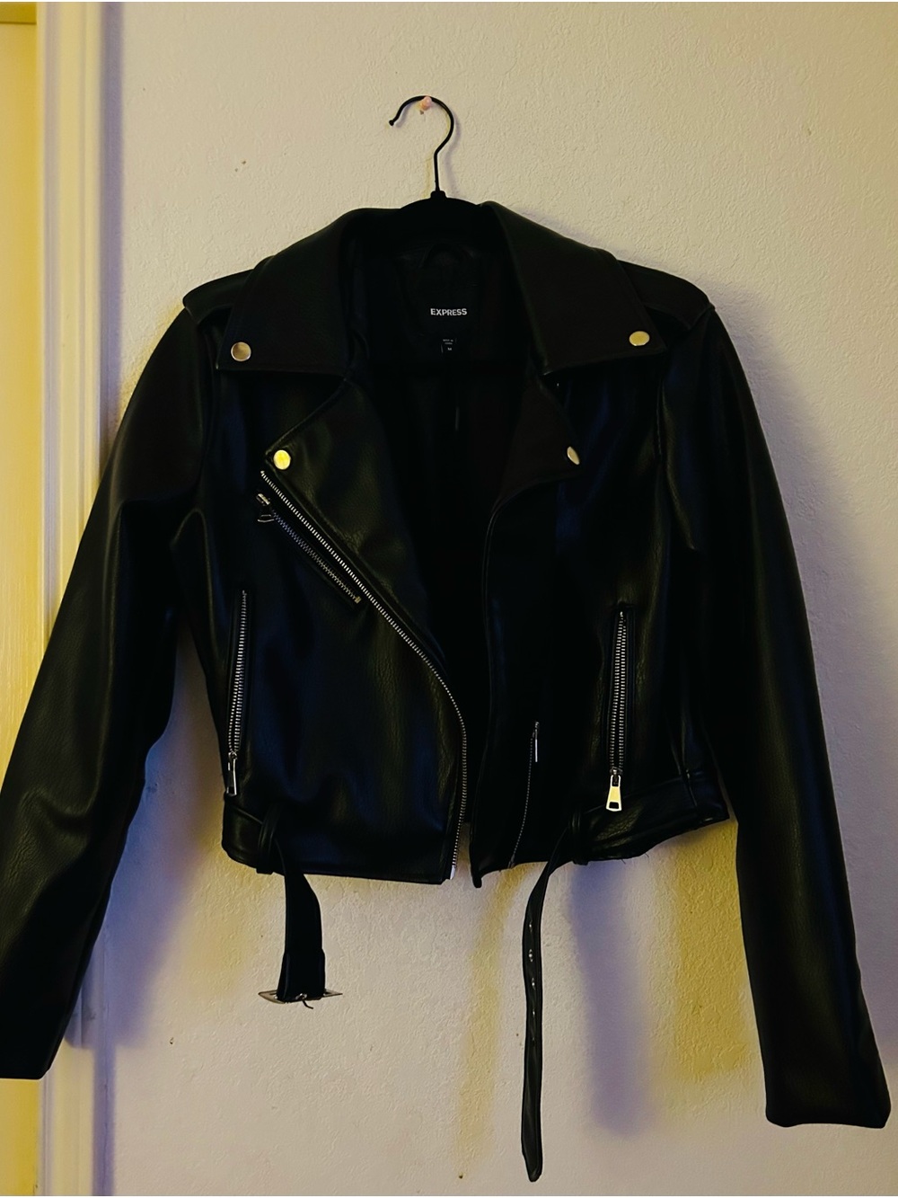 Express women’s Black Faux Leather Moto Jacket with Zip Details and belt NWOT